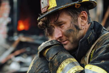 Naklejka premium A firefighter comforting a distraught victim of a house fire, offering reassurance and support amidst the chaos, his compassion and empathy providing solace in a moment of crisis.