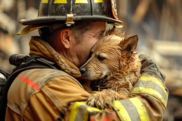 A firefighter comforting a family pet rescued from a house fire, cradling the frightened animal in his arms and offering words of reassurance, his compassion extending to all creatures in need of help