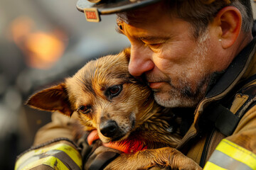 A firefighter comforting a family pet rescued from a house fire, cradling the frightened animal in his arms and offering words of reassurance, his compassion extending to all creatures in need of help