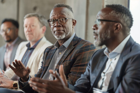 A diverse group of male leaders, participating in a panel discussion on diversity and inclusion in the workplace, sharing personal anecdotes and championing initiatives to foster equality and