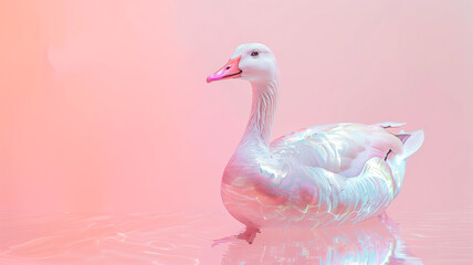 White goose floating in pink water