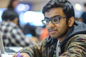 A Generation Z male of Indian heritage, immersed in a coding marathon at a hackathon event, collaborating with peers to develop innovative solutions to pressing societal challenges, his