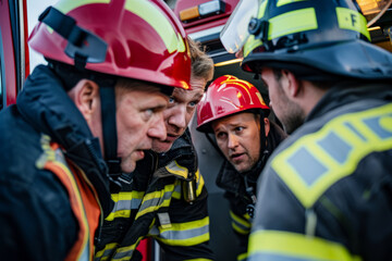 A group of firefighters huddled around a fire truck, strategizing their approach to a complex emergency situation, their teamwork and communication key to effective coordination and response.