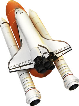 A space shuttle soars into space.