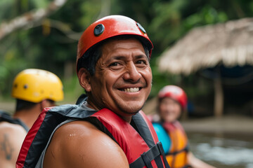 A Hispanic businessman, leading a team-building excursion to a remote eco-resort, fostering teamwork and resilience through adventure sports and immersive cultural experiences, his inclusive