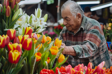 A Hispanic flower vendor arranging bouquets of tulips and lilies in his market stall, engaging in friendly conversation with customers as they admire his floral creations. - Powered by Adobe