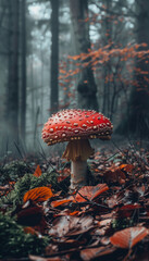 Lonely toadstool in forest