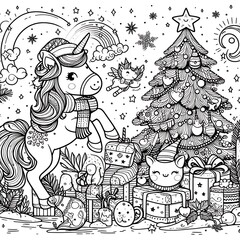 A coloring page of a unicorn and a christmas tree meaning has illustrative art meaning.