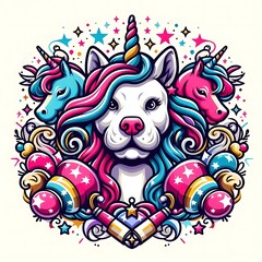 A dog with unicorn mane and horn image card design lively image art.