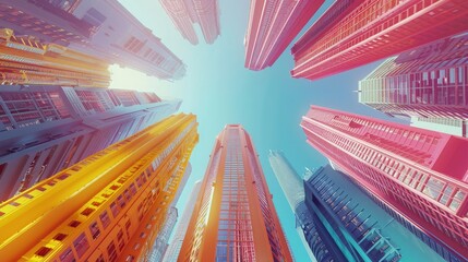 A photograph of a cluster of highly colorful skyscrapers seen from the bottom up, with a clear blue sky