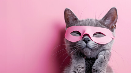Cat wearing pink mask on pink background