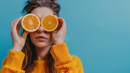Woman holding orange slice in front of eyes