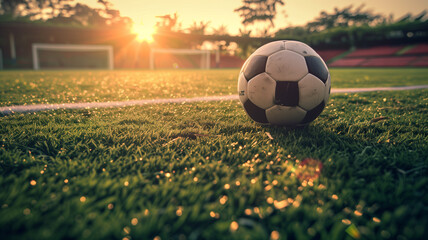 Soccer ball on field at sunset