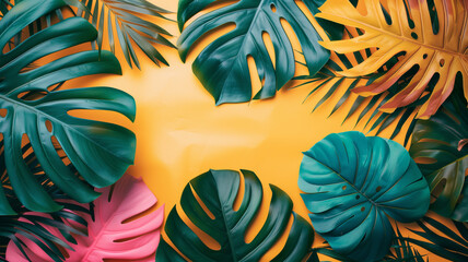 Vibrant tropical leaves on yellow background