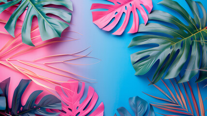 Vibrant tropical leaves on blue and pink background