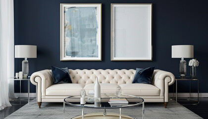 Dual frames, navy blue wall, ivory leather sofa, contemporary glass table; ultra-realistic 3D scene.