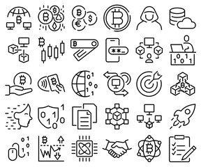 Cryptographic icons. Cryptocurrency economy web icons collection. Blockchain package. Bitcoin, NFT, Vector illustration. Outline icon. Editable stroke.