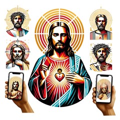 A hands holding a phone with a picture of a jesus christ image used for printing lively harmony.