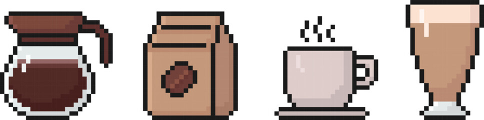 coffee pixel art icon set, coffee pot, beans, mug, latte, cappuccino, 80s, 90s old arcade games style, items for video game, app, social media and more, vector illustration