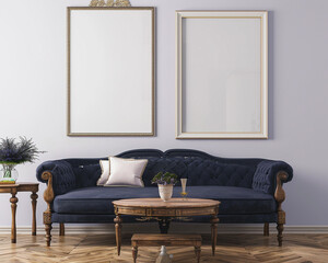 Elegant 3D-rendered room with two frames over a pale lavender wall, navy blue sofa, and a vintage wooden table.