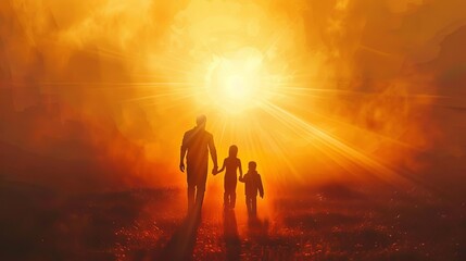 silhouette of faithful family walking towards divine light inspirational spiritual journey illustration