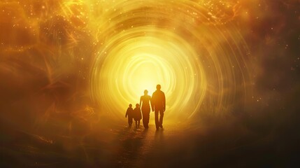 silhouette of faithful family walking towards divine light inspirational spiritual journey illustration