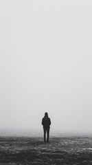 A solitary figure stands in the midst of a vast open space, evoking a sense of solitude and introspection
