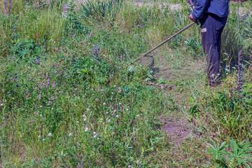 A man cuts and mows the grass. Grass cutting work. Worker mows lawn with grass