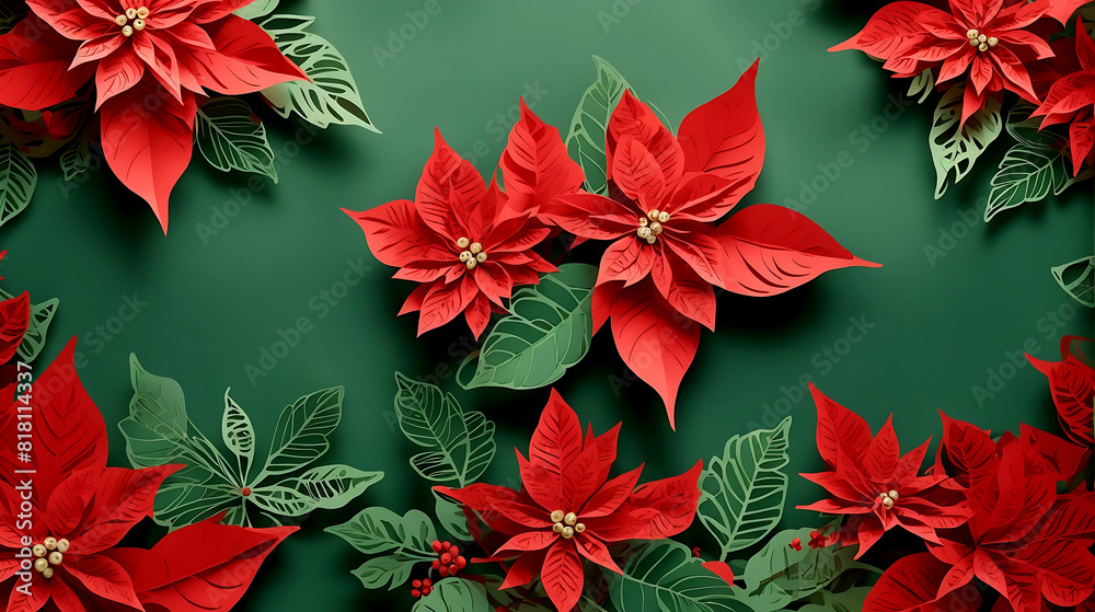 Fototapete red flower paper cut style pattern with copy space on a green background