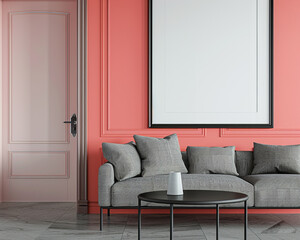 Elegant living room with one frame over a salmon pink wall, grey tweed sofa, and minimalist black table.