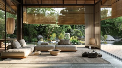 Living room with a Japanese aesthetic, featuring a low-profile sofa, zen garden view, and bamboo...