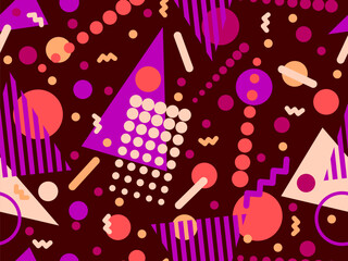 Geometric seamless pattern with memphis elements in 80s style. Colorful geometric pattern. Design of promotional products, wrapping paper and printing. Vector illustration