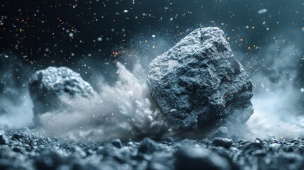 Surreal Rockfall: Cascading Boulders Exploding into Billowing Clouds of Dust Against a Stark White Backdrop. Mesmerizing 4K Wallpaper for Abstract, Geological, and High-Impact Visuals.