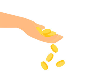 Coins on the palm isolated on a white background. Gold coins fall from the palm. A hand holds a handful of coins. Design for print, banners and promotional products. Vector illustration
