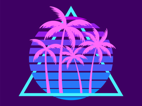 80s retro sci-fi palm trees on a sunset. Retro futuristic sun with palm trees in a triangular frame. Synthwave style. Design for advertising brochures, banners and posters. Vector illustration