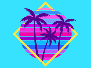 Retro sci-fi palm trees from the 80s at sunset in a square frame. Retro futuristic sun with palm trees. Synthwave and Retrowave style. Design of advertising banners and posters. Vector illustration