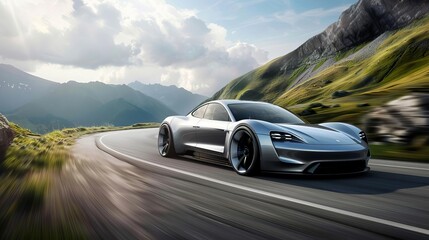 Naklejka premium sleek electric sports car speeding along winding mountain road futuristic ecofriendly transportation concept dramatic landscape
