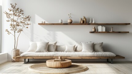 Living room with a minimalist aesthetic, featuring a simple sofa, floating shelves, and a neutral color palette
