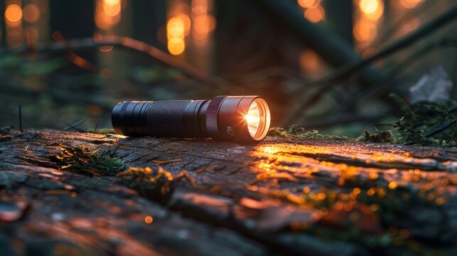 A small flashlight is sitting on a leaf