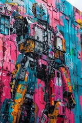 A detailed graffiti wall with a Transformer-like robot in a colorful urban style