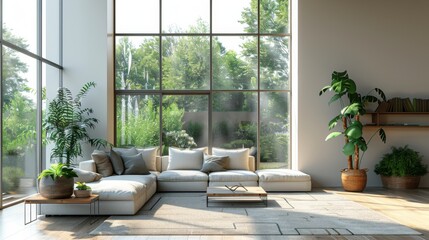Living room with a modern aesthetic, featuring a simple sofa, geometric decor, and plenty of natural light