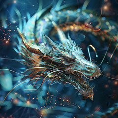 A futuristic dragon with metallic scales, hovering over a dark blue background with intricate lines and nodes that represent a neural network. 3 --v 6.0 - Image #3 @Hamzakhan3920
