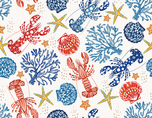 Seamless Marine Life Pattern Vector Lobsters Corals Seaweed Coral Shells, star fish Seamless pattern Vector Illustration © MSNTY_STUDIOX