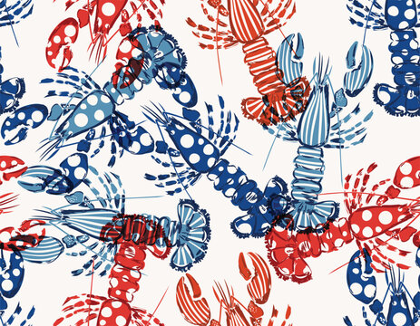 Vector  Summer Red lobster  seamless pattern,