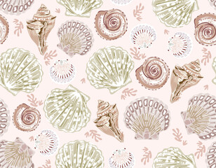 Trendy Hand drawn Summer sea shells seamless pattern Vector Illustration .Sea shell drawing.Underwater , Design for fashion , fabric, textile, wallpaper , wrapping and all prints © MSNTY_STUDIOX