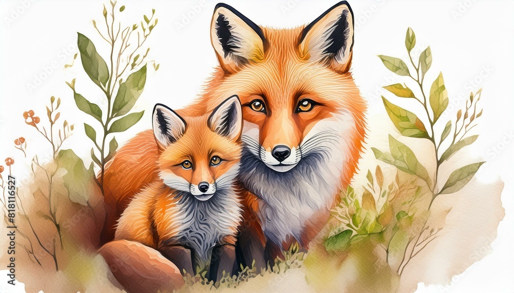 Sticker watercolor painting illustration of Wild red fox with cute little cub isolated on a white background.