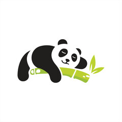 A panda bear with a green plant in the corner.Illustration of a panda with a framed bamboo tree.