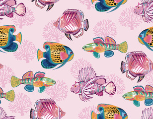 Seamless pattern with sea treasure ,fish and coral marine background vector © MSNTY_STUDIOX