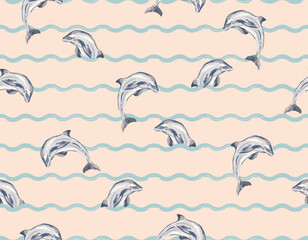 Seamless pattern Ocean wave line with jumping  dolphin. Vector illustration , Design for fashion , fabric, textile, wallpaper ,