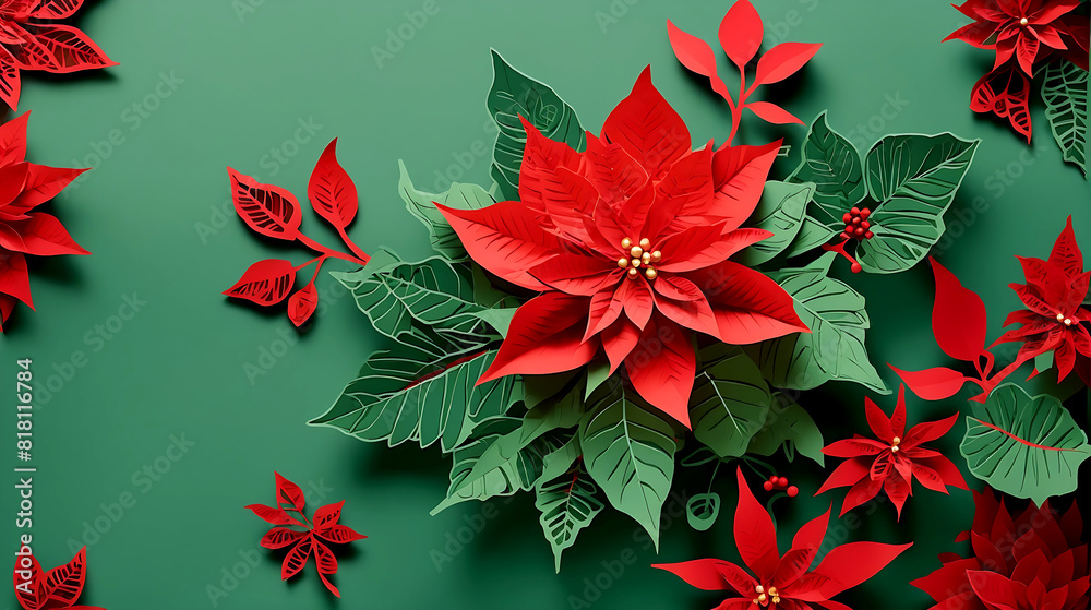 Fototapete red flower paper cut style pattern with copy space on a green background